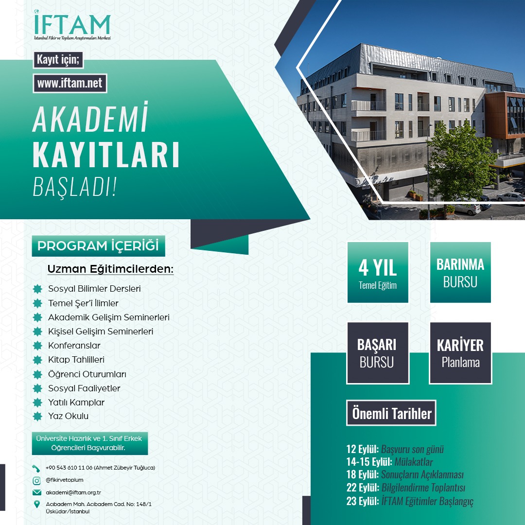 İstanbul Fikir Toplum Araştırmaları Merkezi -İFTAM Akademi- 2023-2024 eğitim dönemi öğrenci alım duyurusuna çıktı.